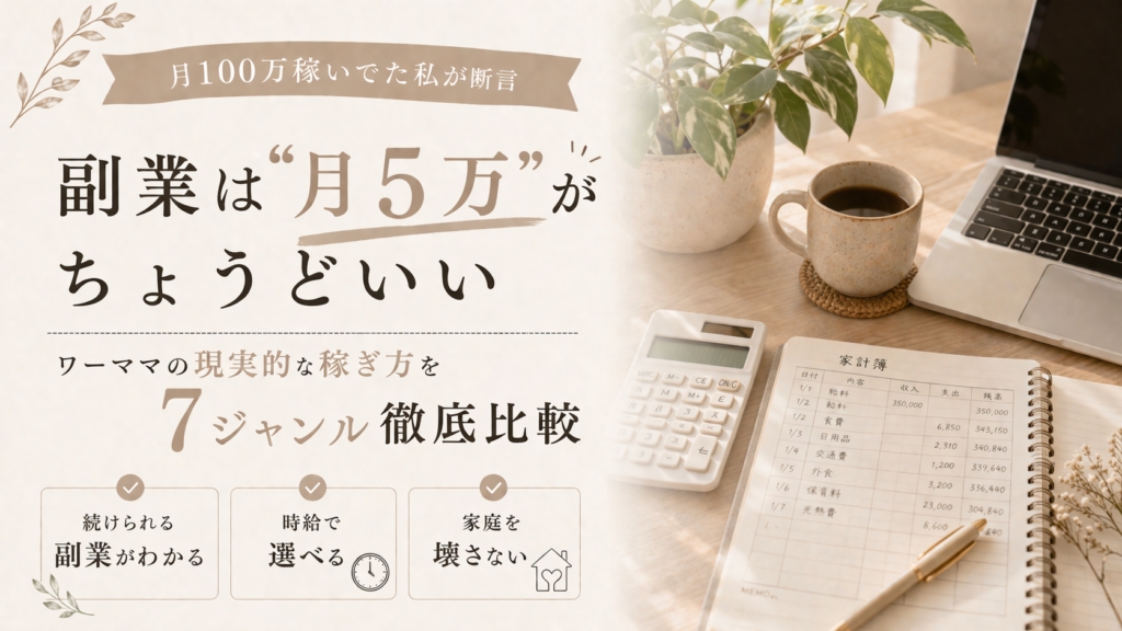 【月100万稼いでた私が断言】ワーママの副業は”月5万”がちょうどいい。現実的な稼ぎ方7ジャンル徹底比較のサムネイル画像