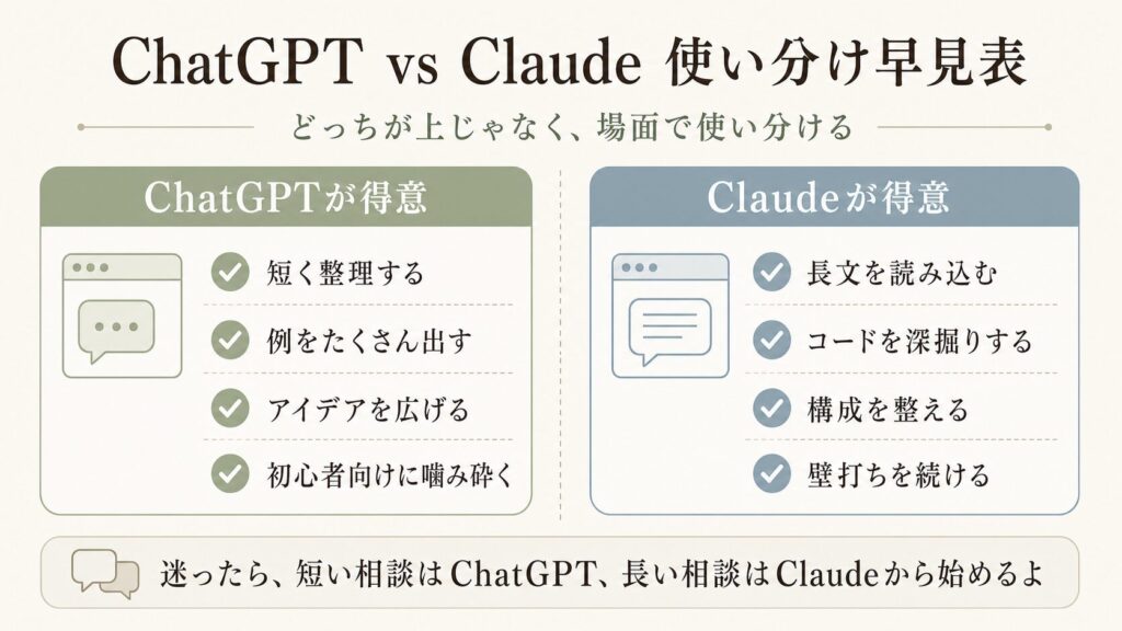 ChatGPT vs Claude 使い分け早見表 図解
