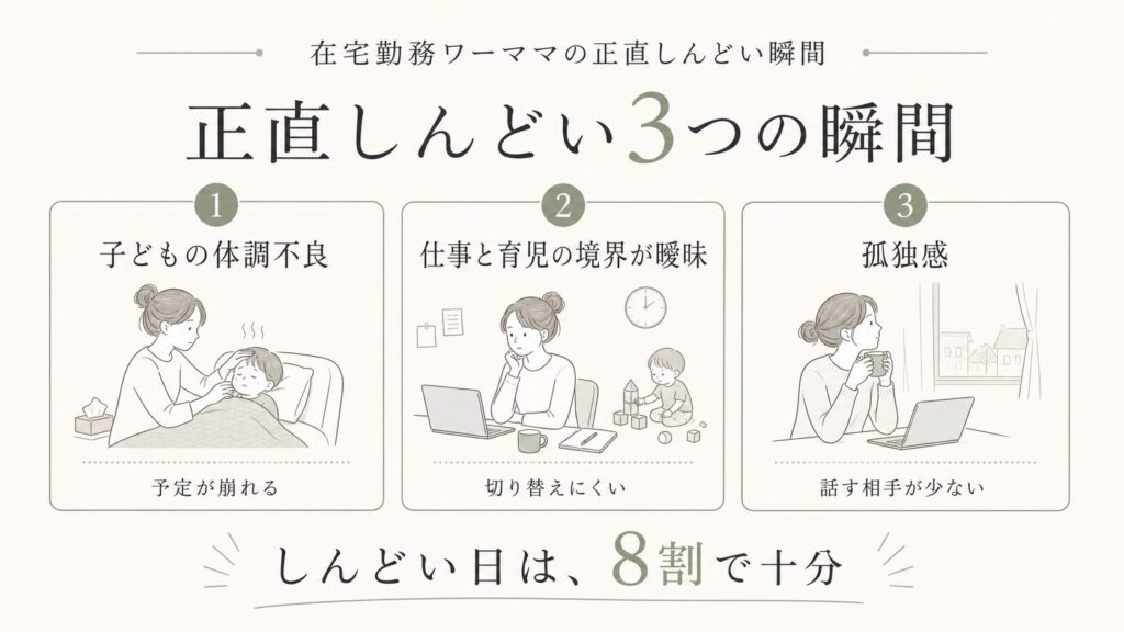 在宅勤務ワーママの正直しんどい瞬間をまとめた図解
