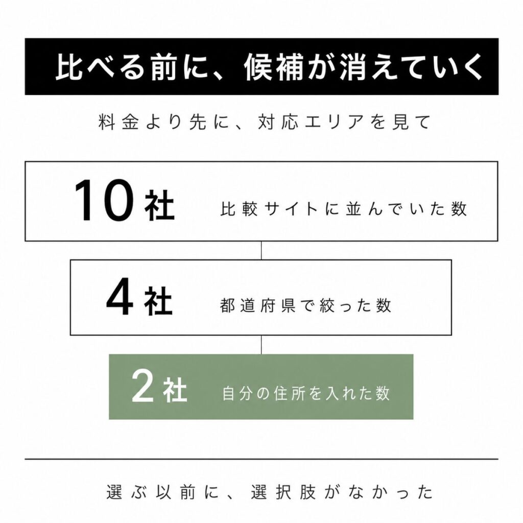 自分の住所を入れると家事代行の候補がどんどん減っていく様子を示した図解