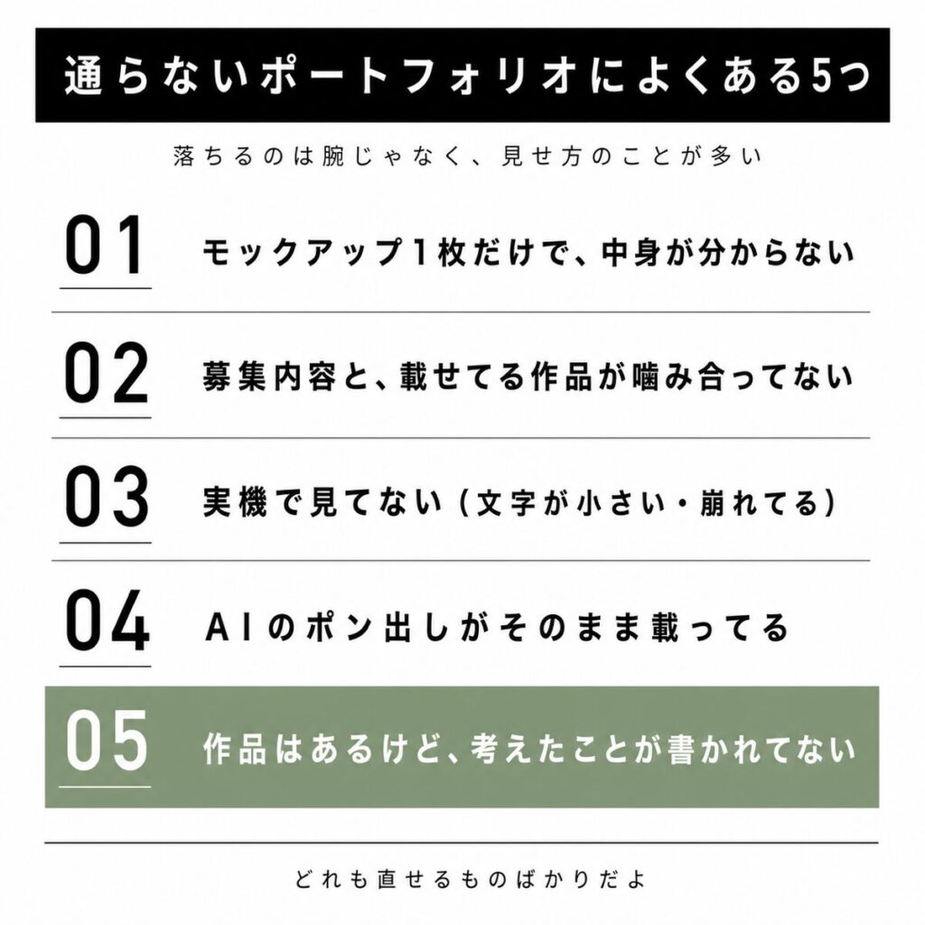 ポートフォリオが通らない5つの理由を並べた図解
