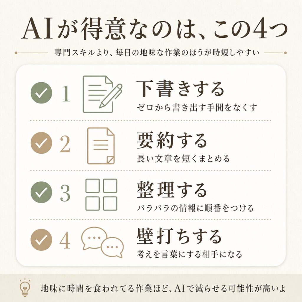 AIが得意な4つのこと(下書き・要約・整理・壁打ち)をまとめた図解