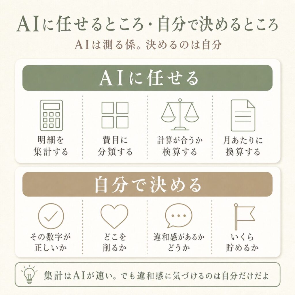 AIに任せる集計と検算、人がやる判断を分けた図解