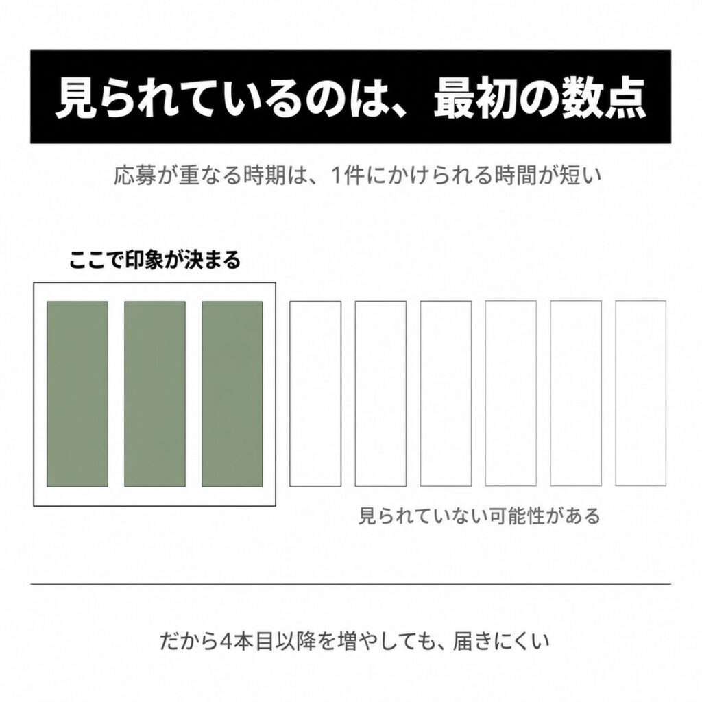 ポートフォリオを10本並べても最初の数点で印象が決まることを示した図解