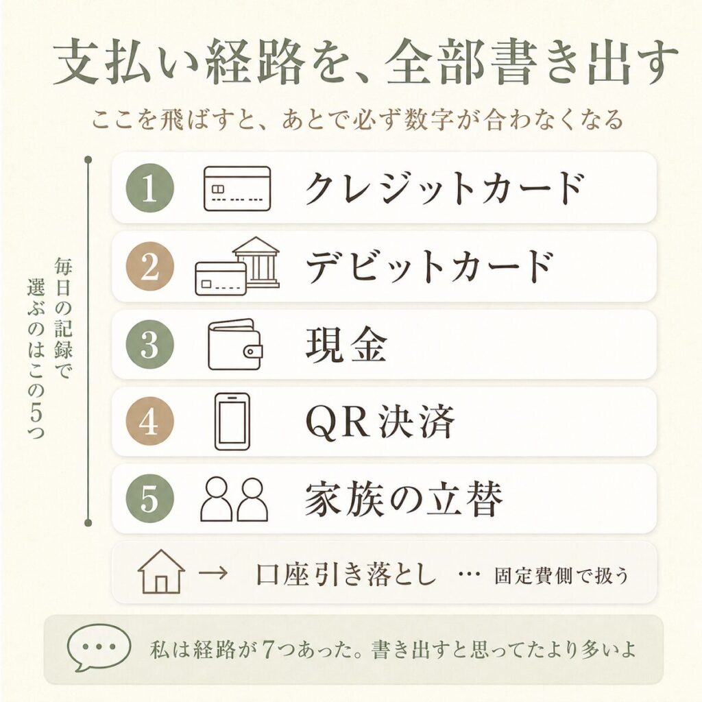 支払い経路を棚卸ししたリストと、日々の記録で選ぶ範囲を示した図解