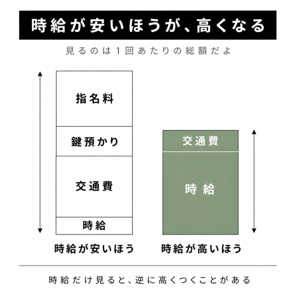 時給が安く見えても交通費や各種料金が積み上がって総額が逆転することを示した図解