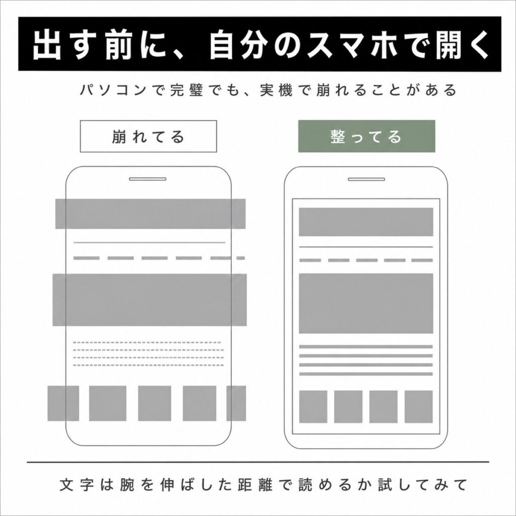 ポートフォリオをスマホの実機で確認したときに起きる崩れを示した図解