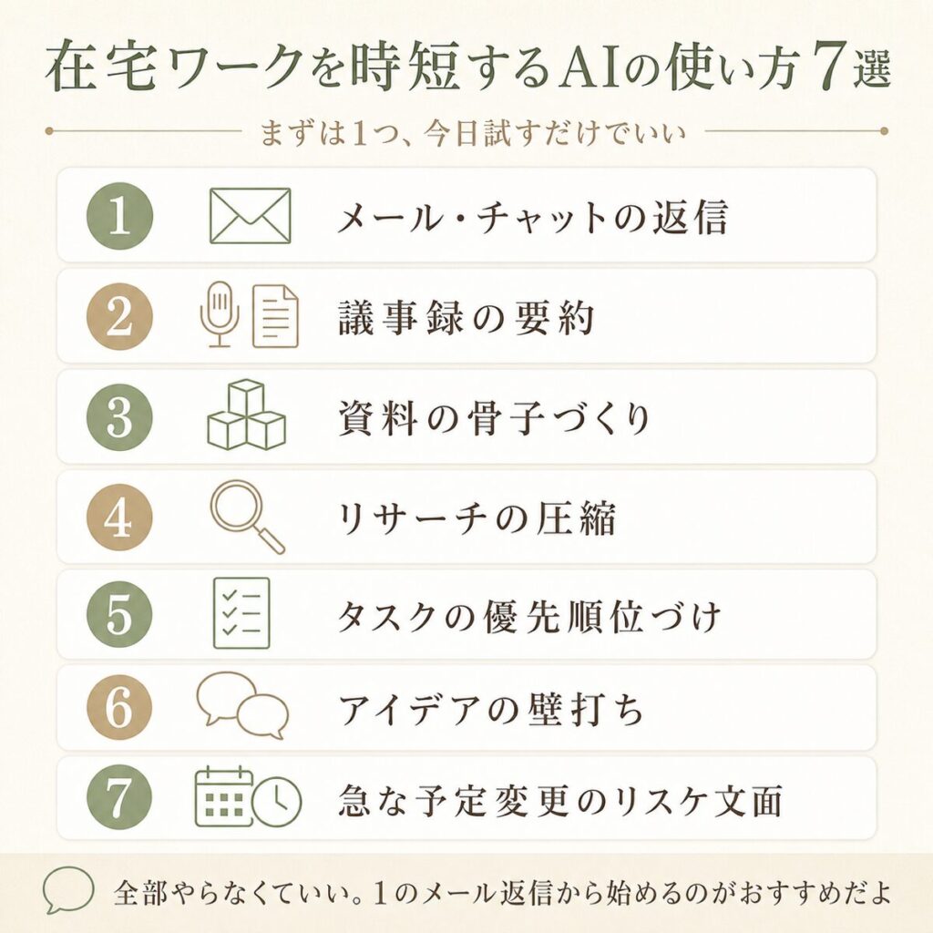在宅ワークを時短するAIの使い方7選の一覧図解