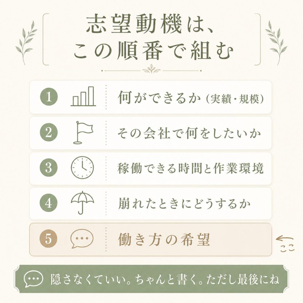 在宅ワークの志望動機を5ブロックで組む構成と、条件を書く位置を示した図解
