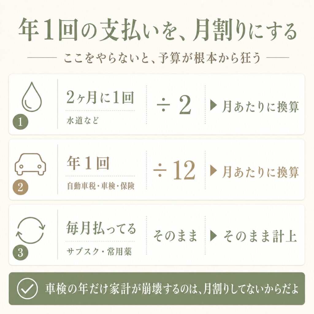 2ヶ月に1回や年1回の支出を月あたりに換算する考え方の図解
