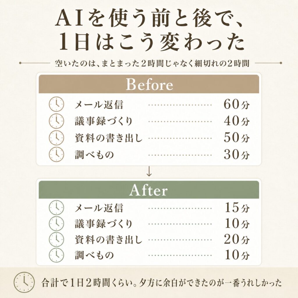 AI導入前と導入後で在宅ワークの1日がどう変わったかの比較図解