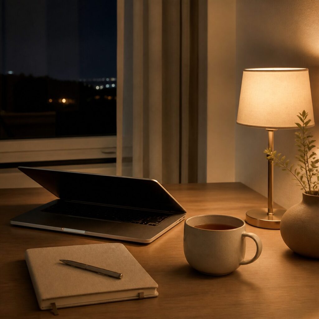 応募書類を書き終えた夜のデスク、ノートパソコンと温かい飲み物