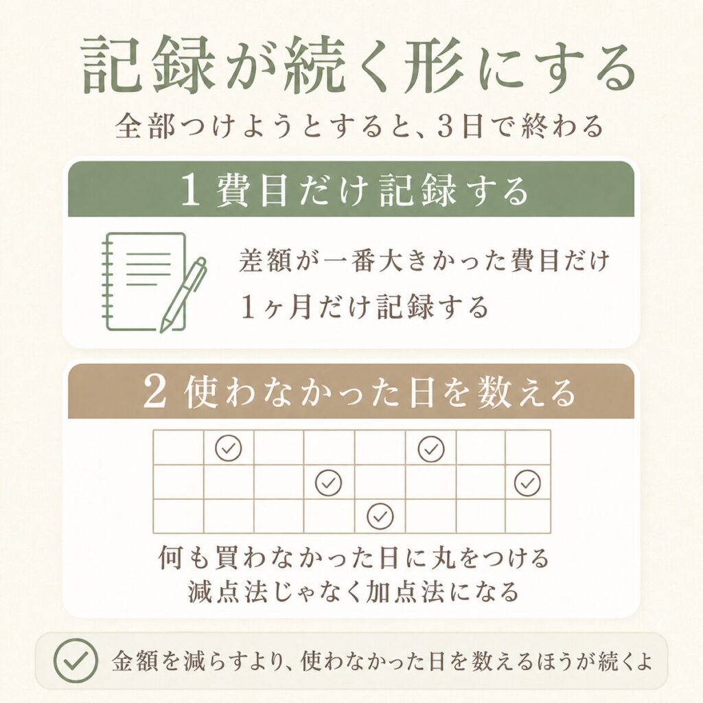 1費目だけ記録する方法と、使わなかった日をカレンダーで数える方法の図解