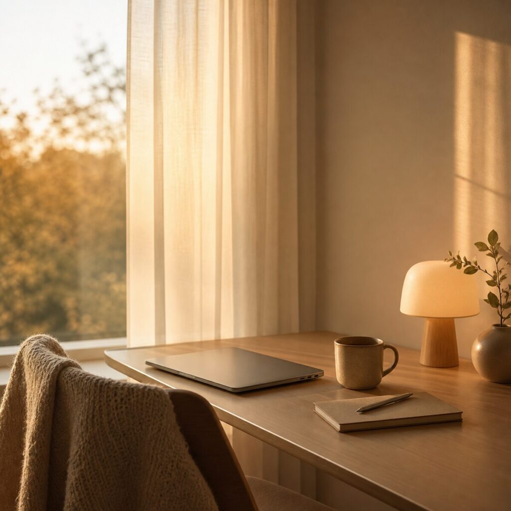仕事を終えた夕方の窓辺、ノートPCとコーヒーのある在宅ワークのデスク