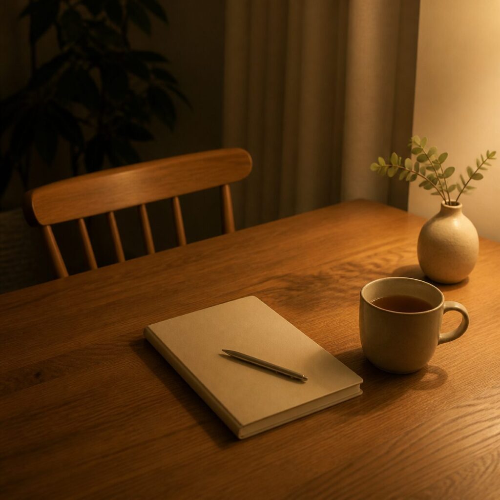 仕事と家事を終えた夜、ノートとコーヒーが置かれた穏やかなテーブル
