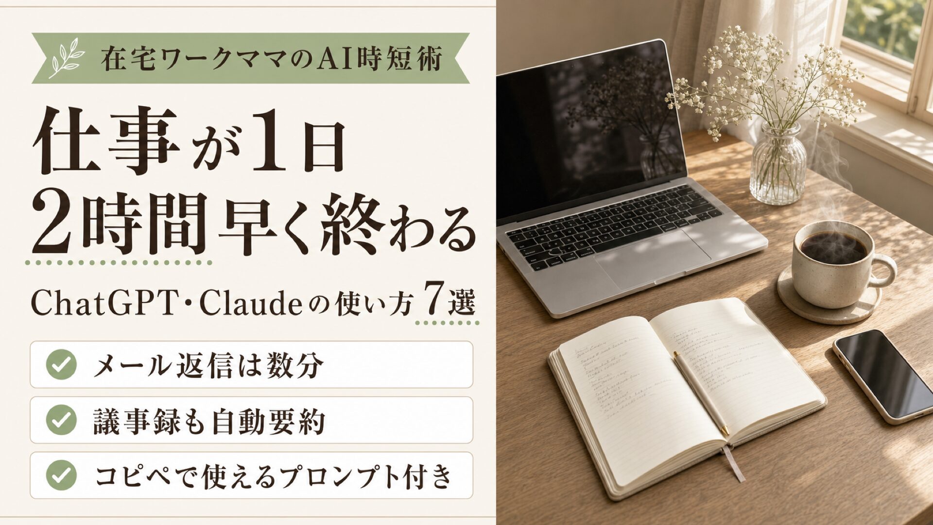 在宅ワークママのChatGPT時短術|仕事が1日2時間早く終わる使い方7選のサムネイル