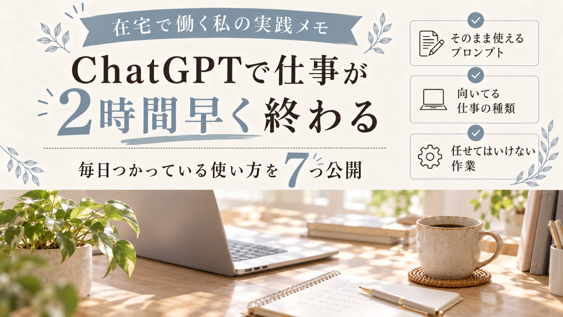ChatGPTで在宅の仕事が2時間早く終わる時短術7選の記事のサムネイル