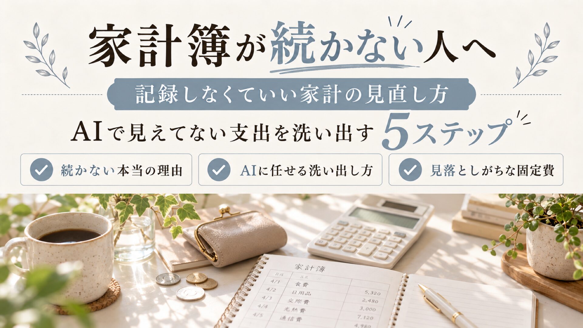 家計簿が続かない人向けにAIで支出を洗い出す5ステップの記事のサムネイル